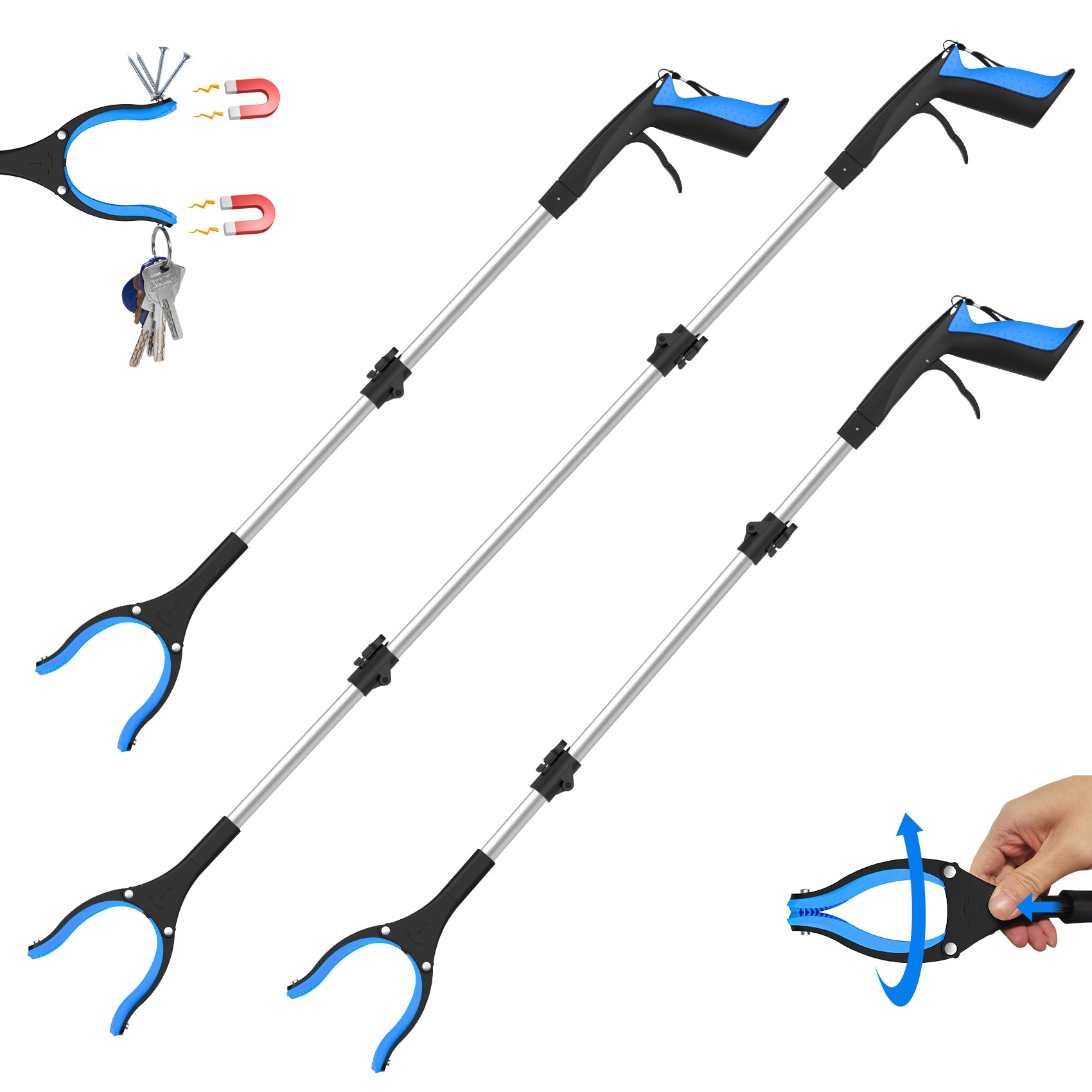 3-Pack Grabber Reacher Tool Set - 32", 36", 43" Foldable Reacher Grabber Pickup Tool with 360° Rotating Jaw & Magnet, Heavy Duty Trash Picker Upper Grabber, Grabbers for Seniors, Blue