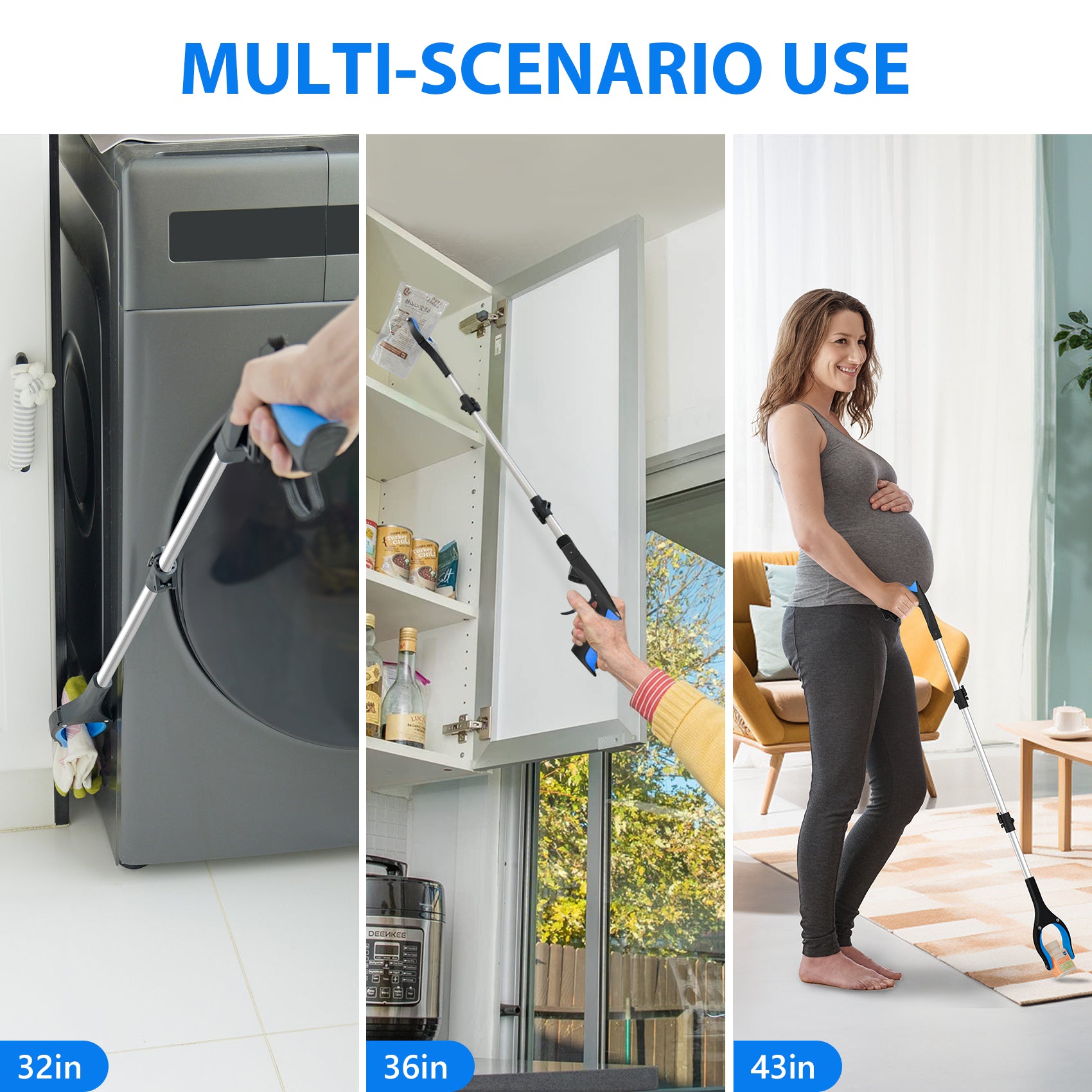 3-Pack Grabber Reacher Tool Set - 32", 36", 43" Foldable Reacher Grabber Pickup Tool with 360° Rotating Jaw & Magnet, Heavy Duty Trash Picker Upper Grabber, Grabbers for Seniors, Blue