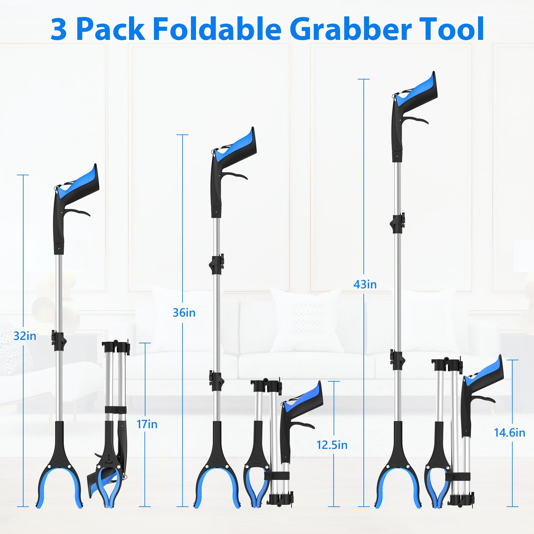 3-Pack Grabber Reacher Tool Set - 32", 36", 43" Foldable Reacher Grabber Pickup Tool with 360° Rotating Jaw & Magnet, Heavy Duty Trash Picker Upper Grabber, Grabbers for Seniors, Blue